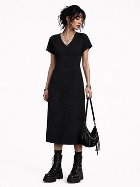 Vintage Dark Academia Black Button Front Dress Whimsigoth 90s
